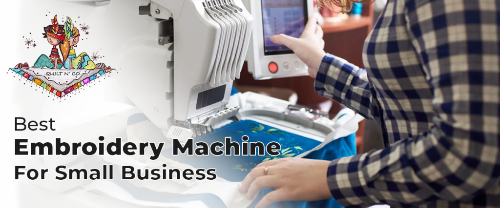 Close-up of woman working on modern computerized embroidery machine creating green floral pattern.