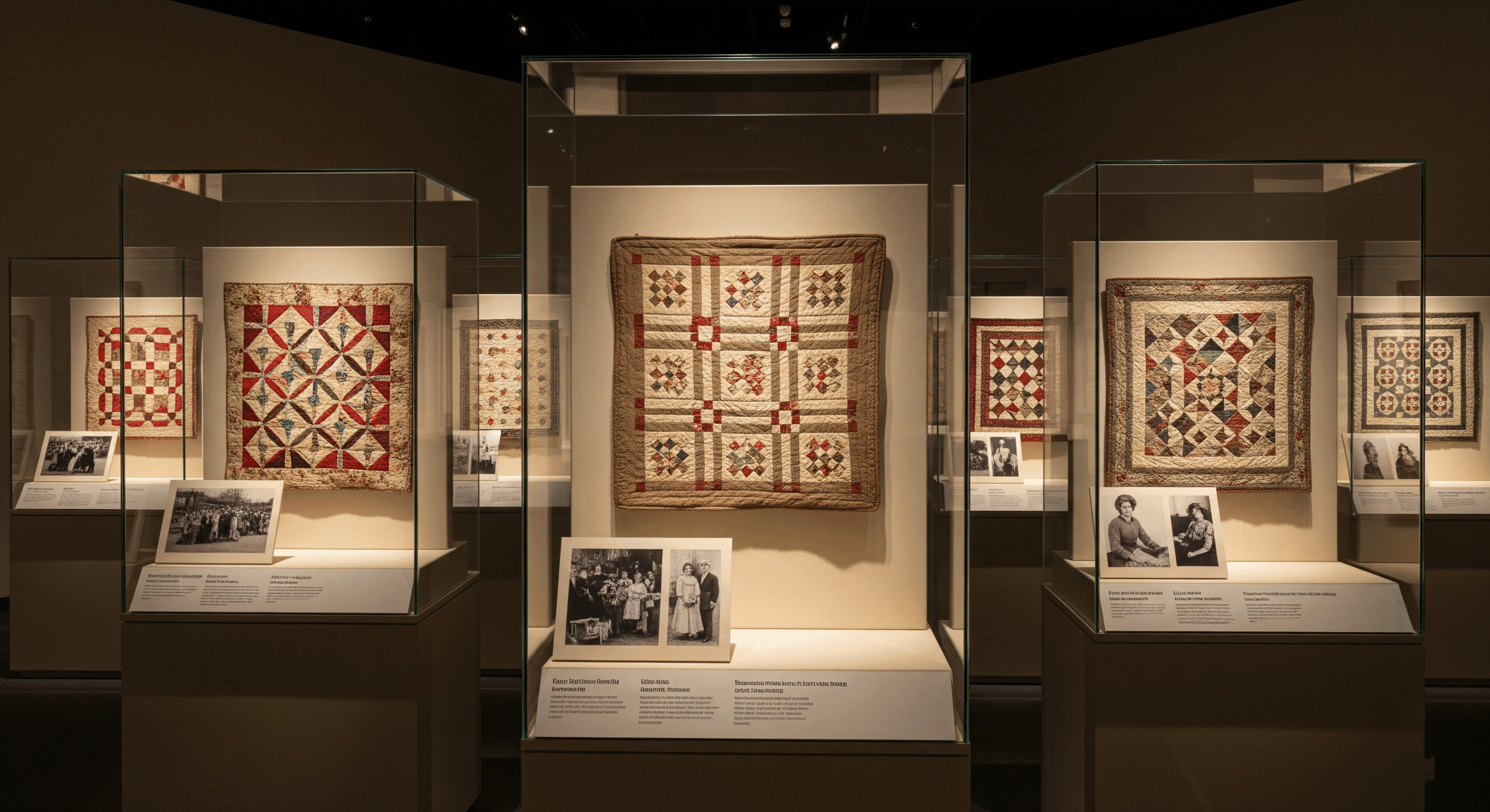 Quilts anciens exposés et protégés dans un musée, conservation du patrimoine textile.