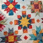Motifs traditionnels de quilts en patchwork coloré avec étoiles, cercles et carrés.