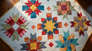 Motifs traditionnels de quilts en patchwork coloré avec étoiles, cercles et carrés.