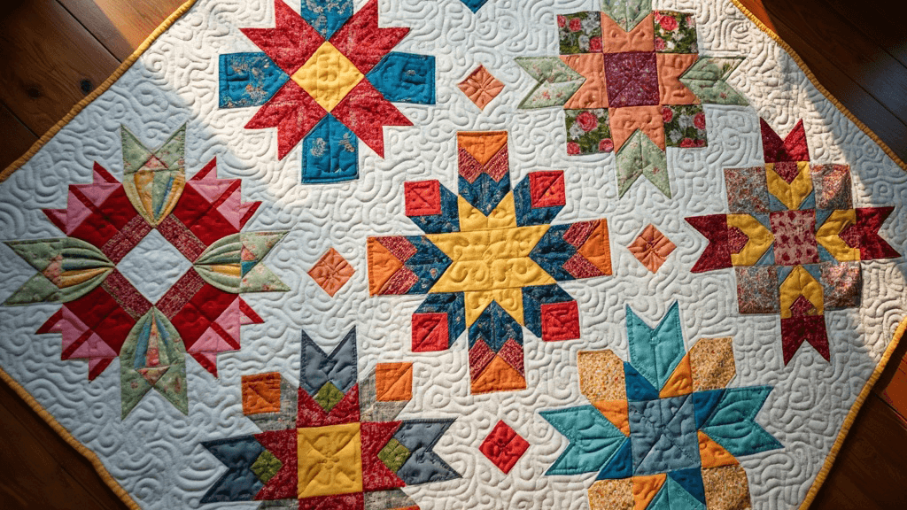 Motifs traditionnels de quilts en patchwork coloré avec étoiles, cercles et carrés.
