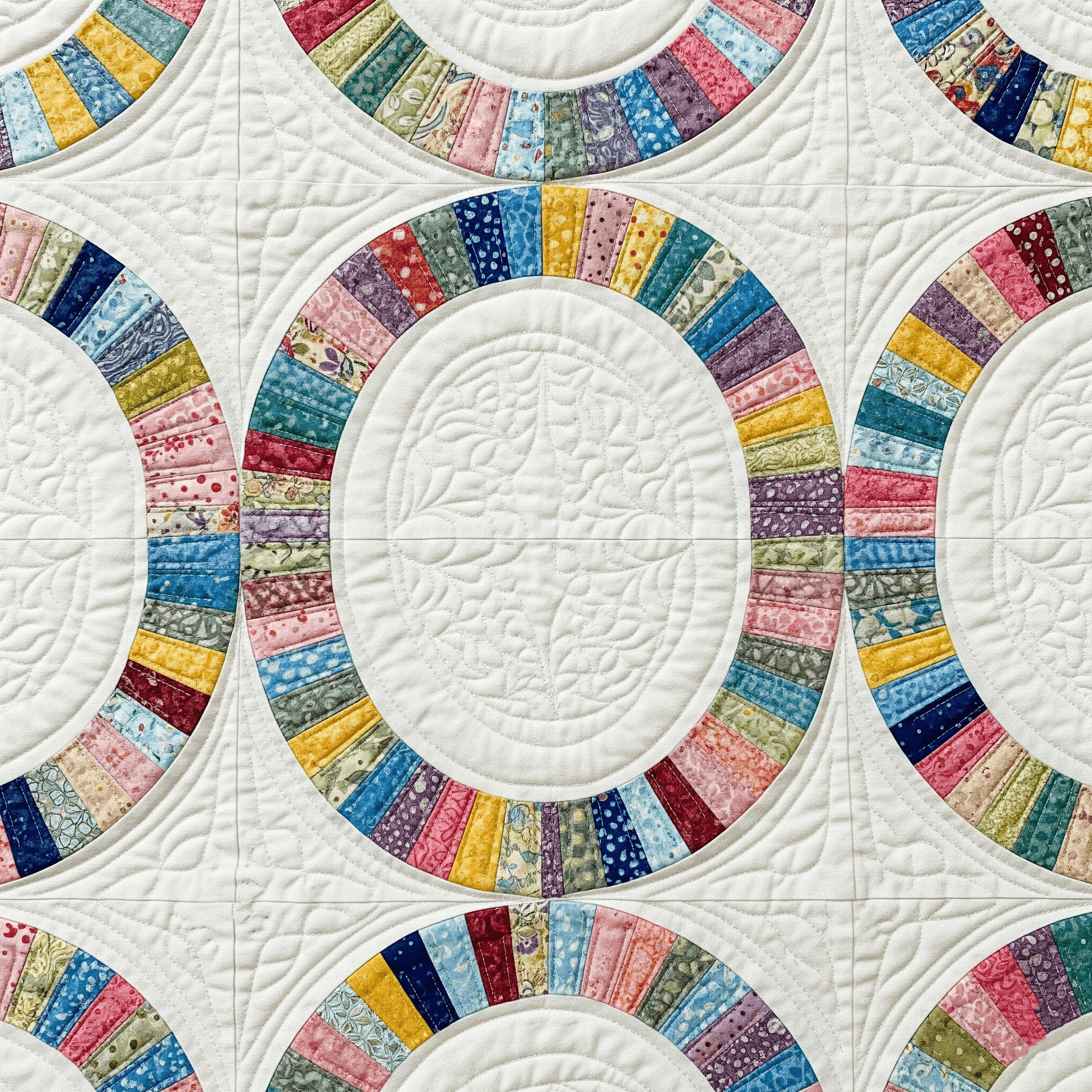 Motif de quilt Double Wedding Ring avec cercles entrelacés symbolisant l’union éternelle.