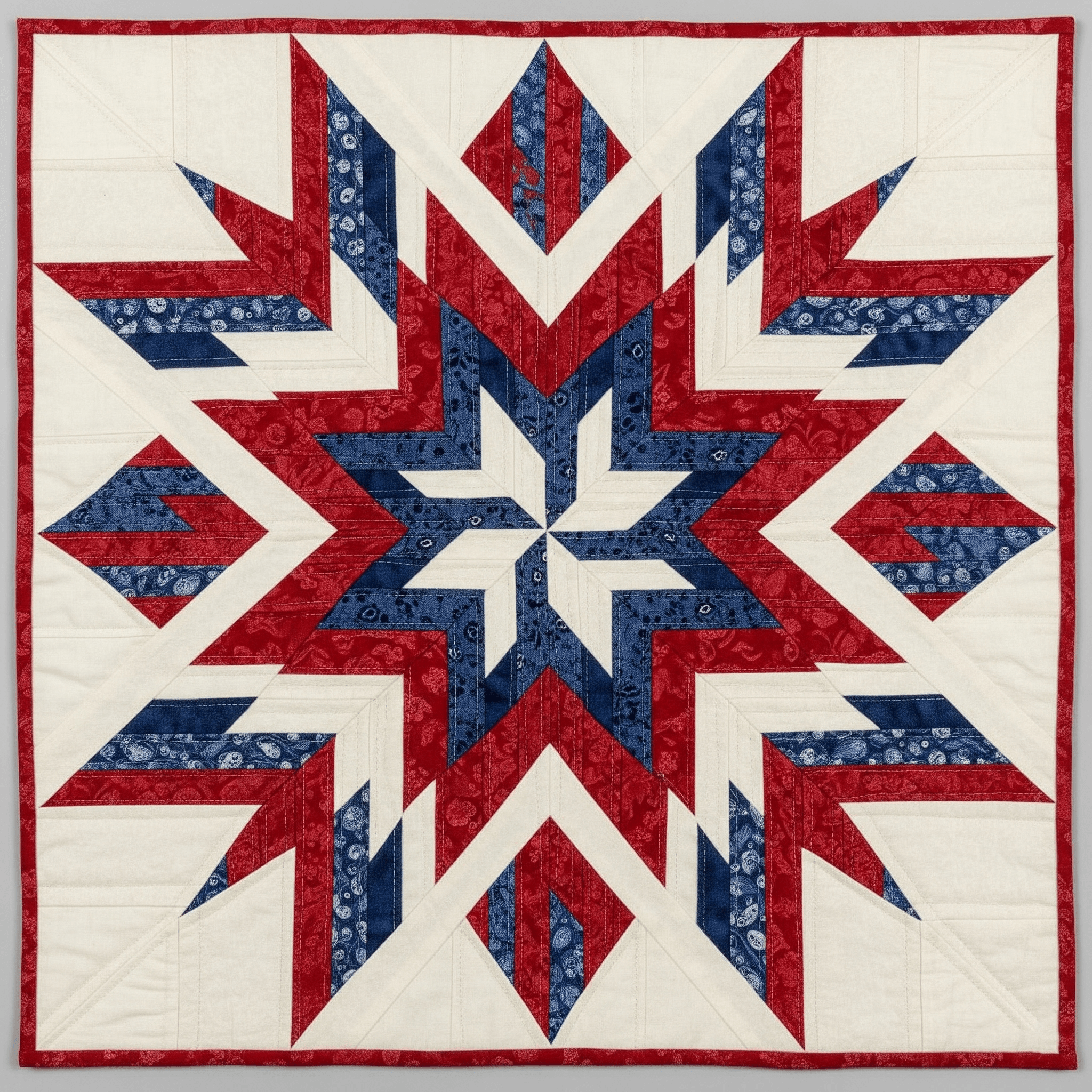 Motif Lone Star de quilt américain traditionnel en rouge, bleu et blanc
