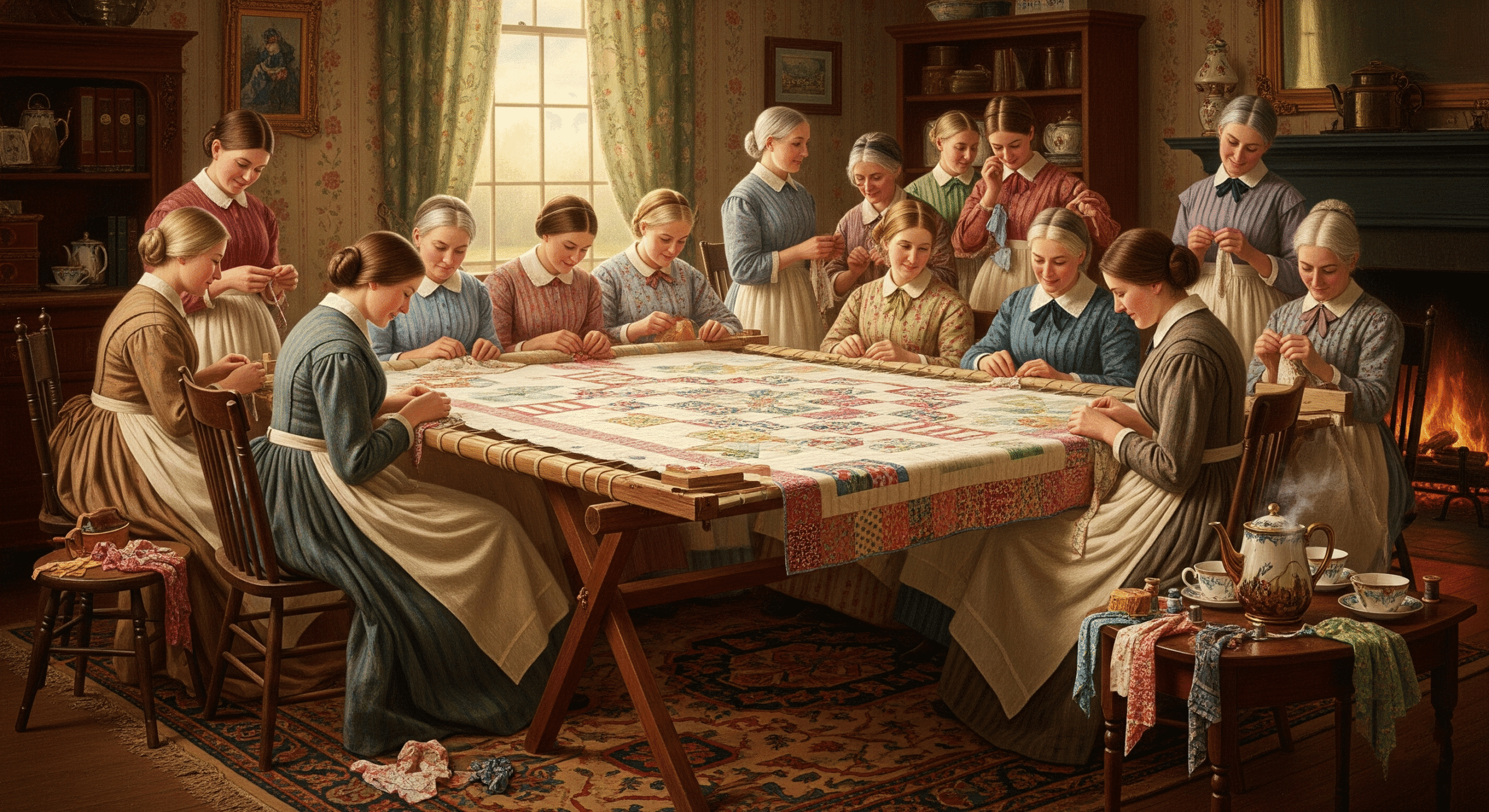 Femmes américaines du XIXe siècle réunies autour d’un quilt lors d’un quilting bee.