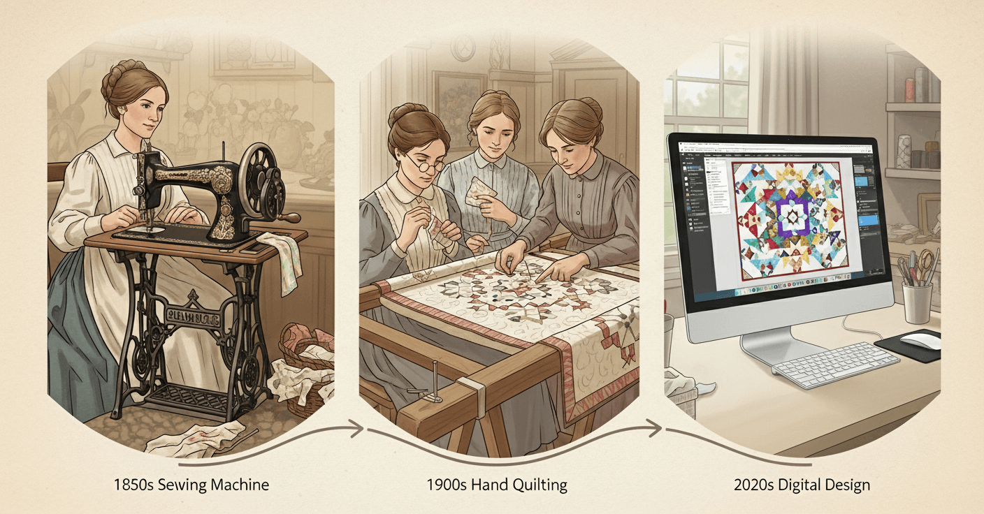 Évolution du quilting, de la machine à coudre ancienne aux logiciels modernes de design textile.