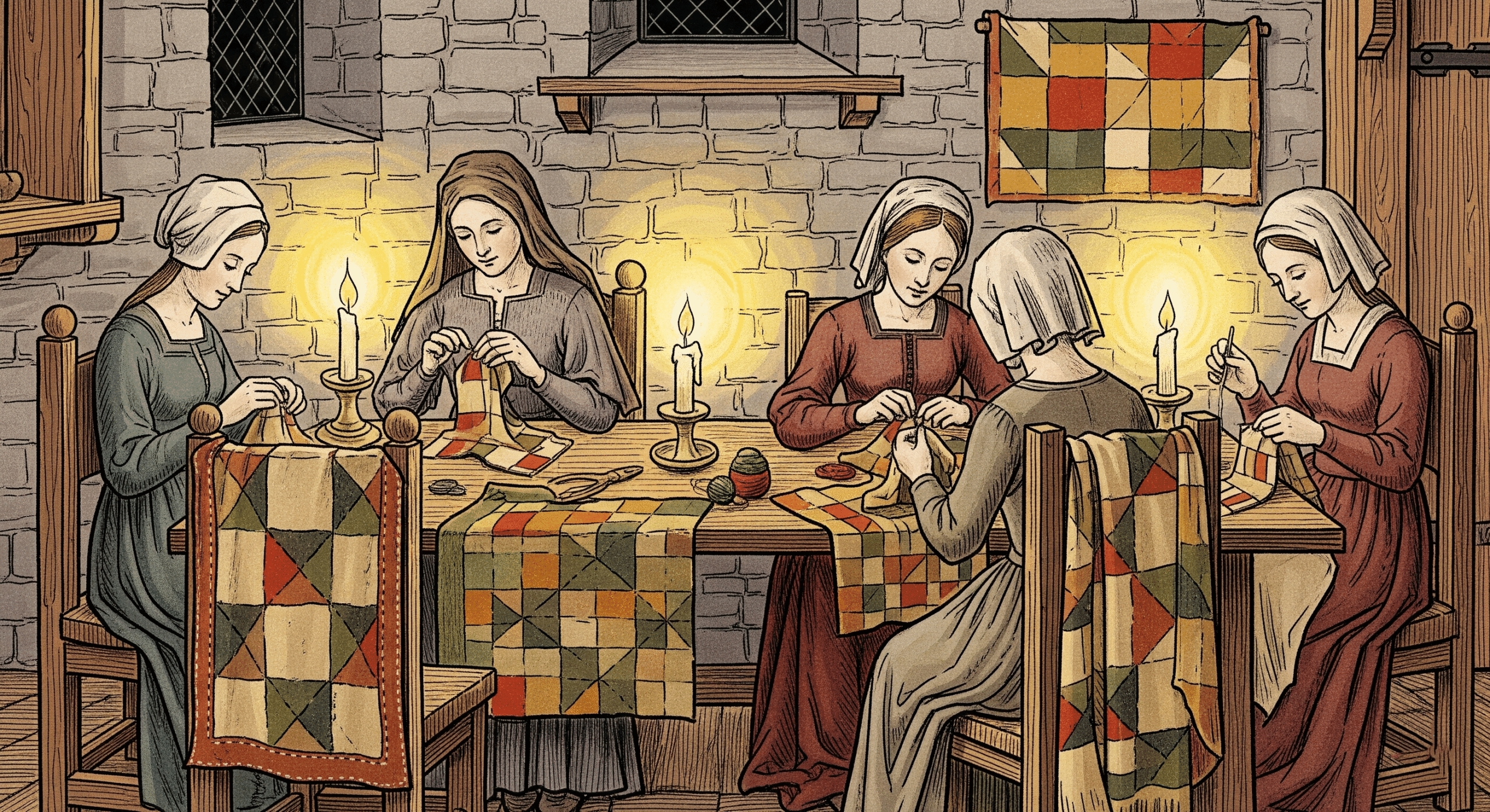 Femmes au Moyen Âge cousant des tissus à la main à la lueur des bougies, premières formes de quilting.