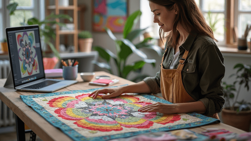 Quilteuse moderne travaillant sur un patchwork avec tissus et logiciels de design, fusion tradition et innovation.
