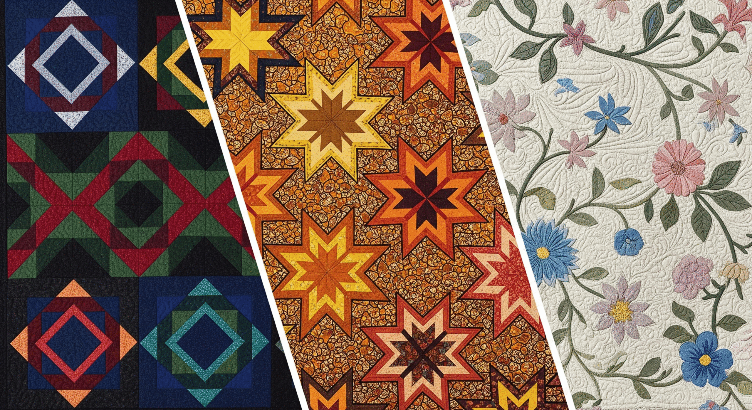 Collage de quilts issus de différentes cultures : Amish, africains et européens.