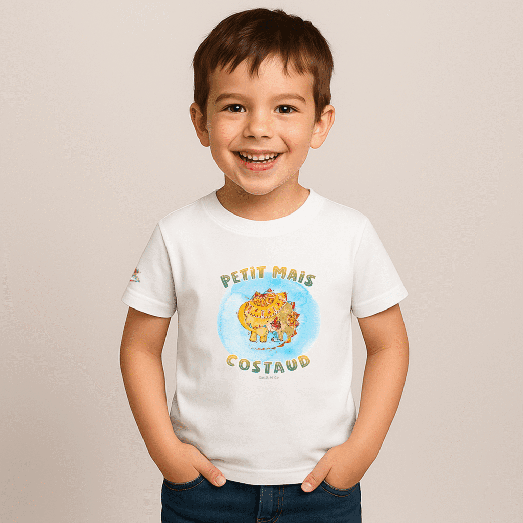 Photo en studio du TShirt pour garçon "Petit Mais Costaud" Bleu