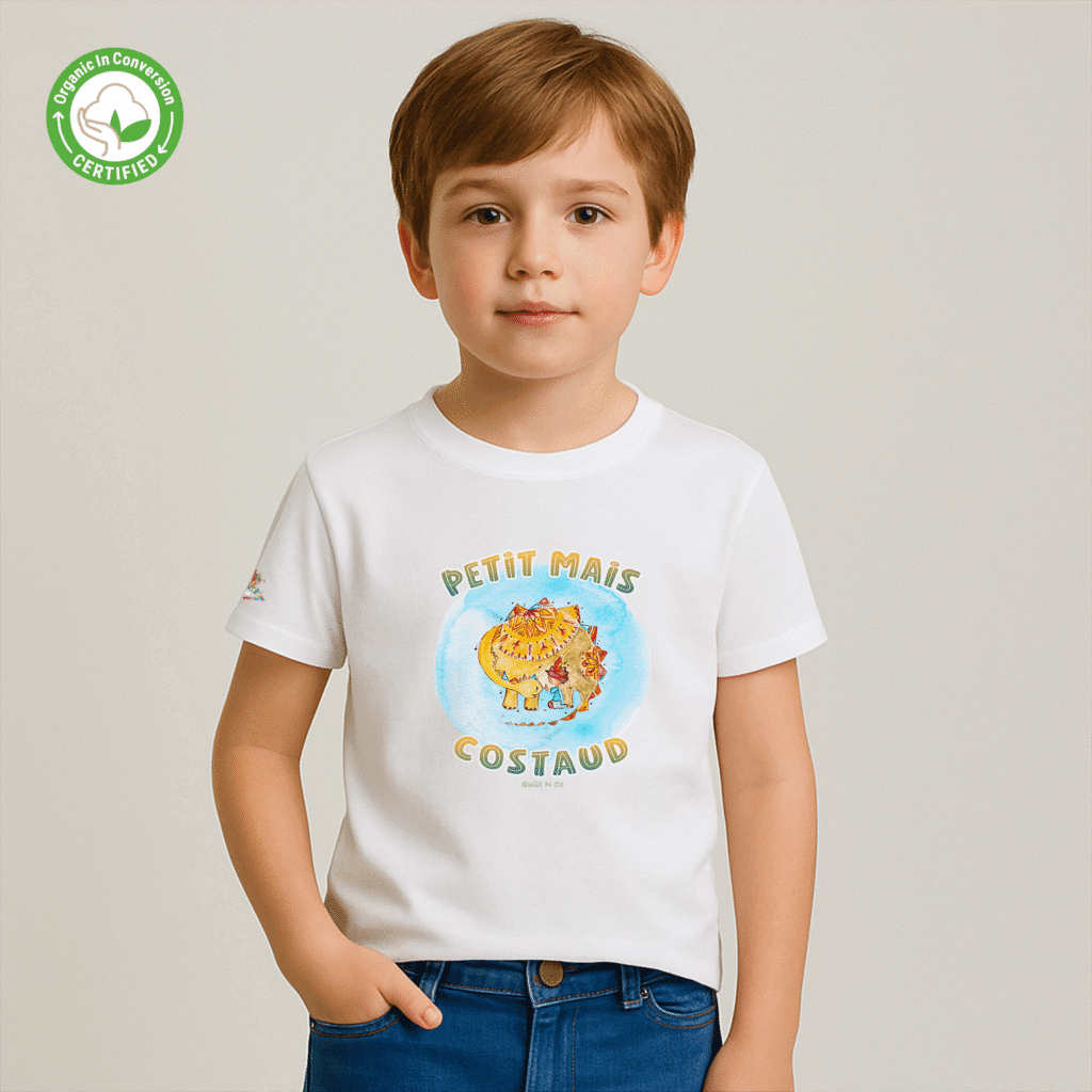 Photo en studio du TShirt Bio pour garçon "Petit Mais Costaud" Bleu