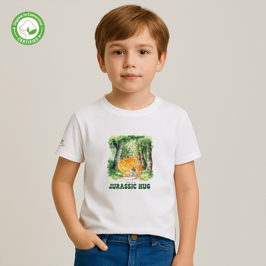 Photo en studio du TShirt Bio pour garçon "Jurassic Hug"