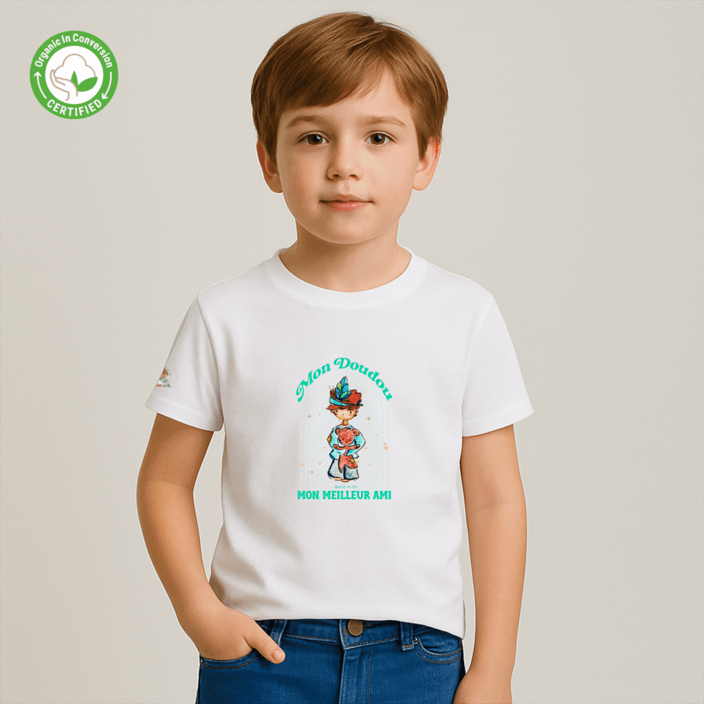 Photo en studio du TShirt Bio pour garçon "Mon Doudou, Mon Meilleur Ami"