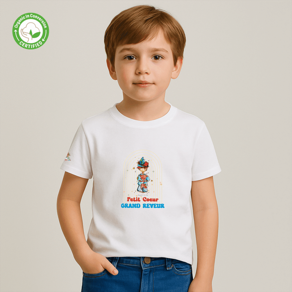 Photo en studio du TShirt Bio pour garçon "Petit Cœur, Grand Rêveur"