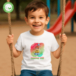 Photo dans le parc du TShirt Bio pour garçon "Cosmic Kid" Arc-en-ciel