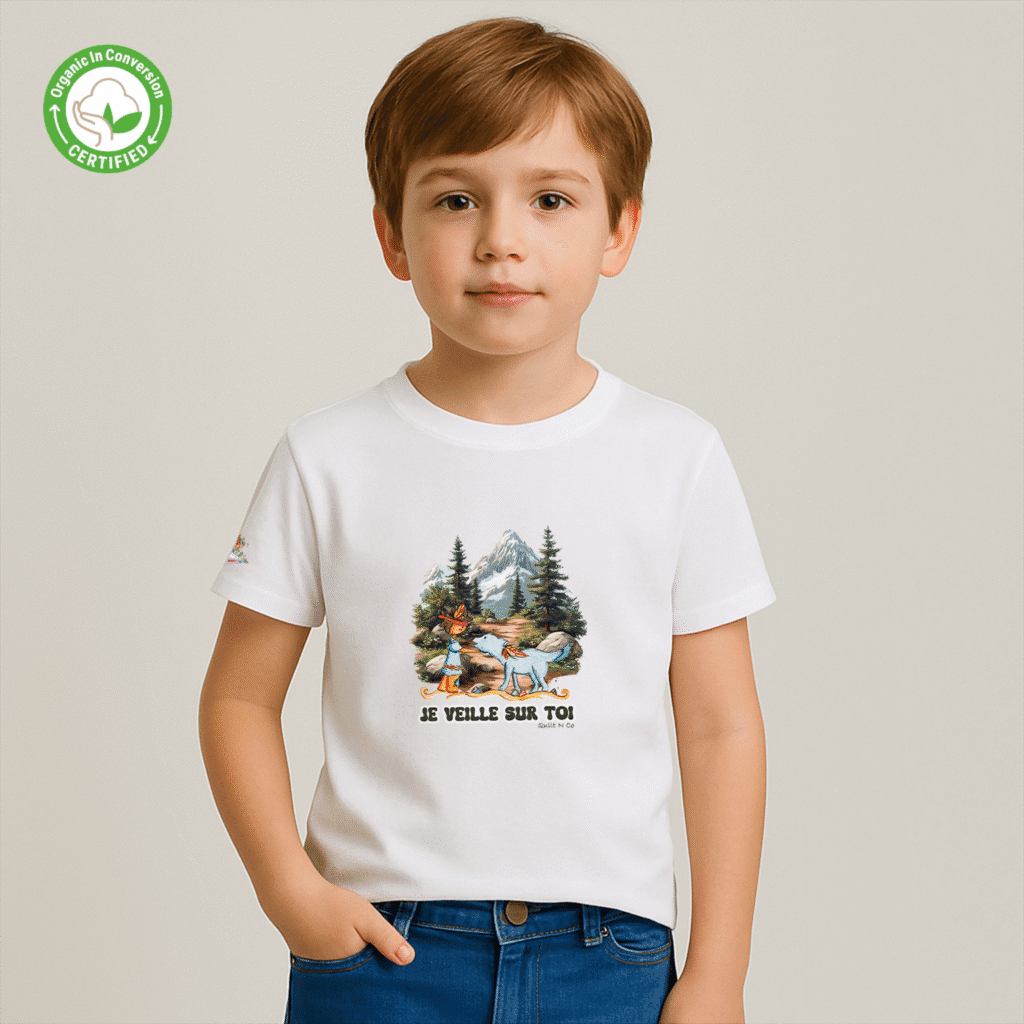 Photo en studio du TShirt Bio pour garçon "Je Veille sur Toi"