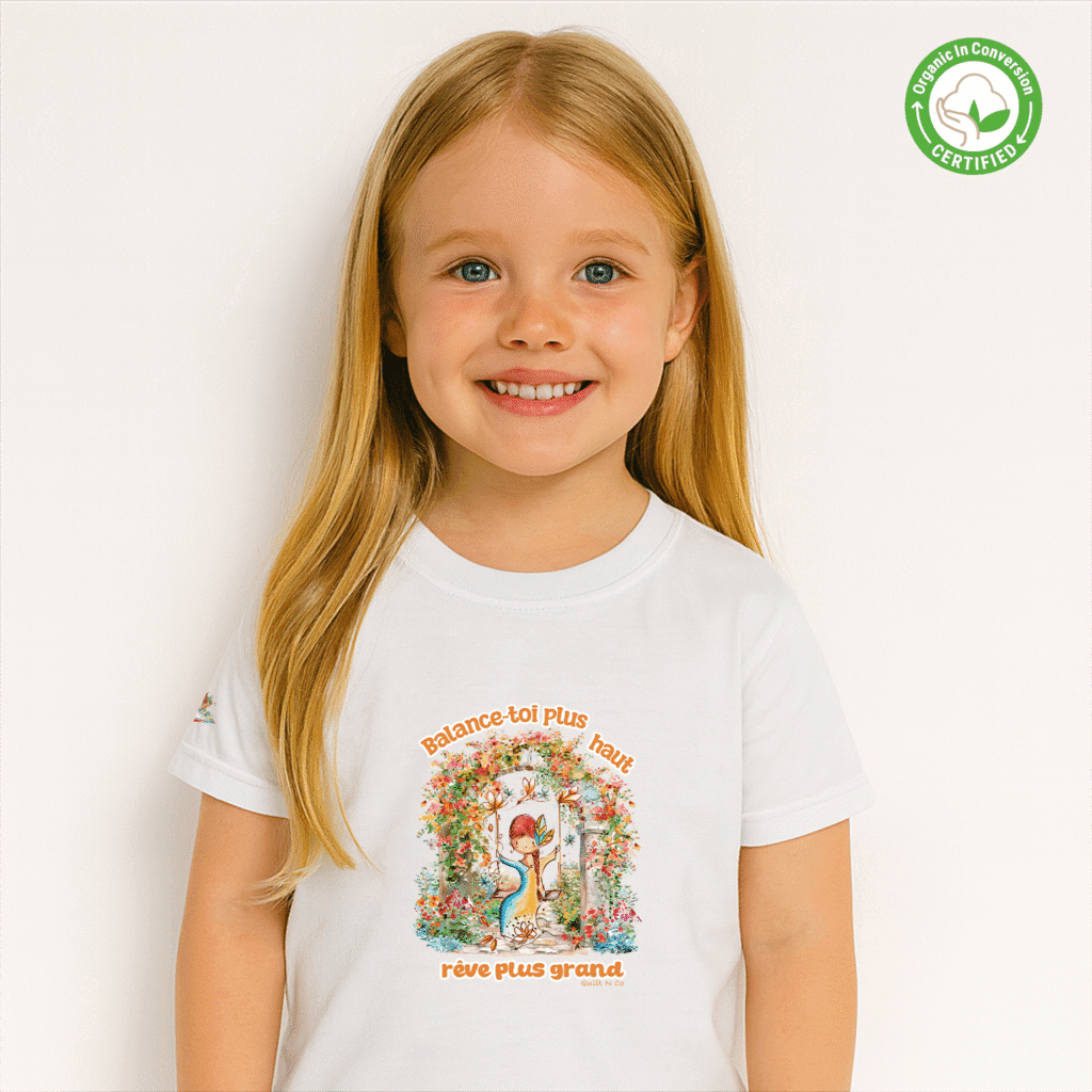 Photo en studio du TShirt Bio pour fille "Balance-toi Plus Haut, Rêve Plus Grand"