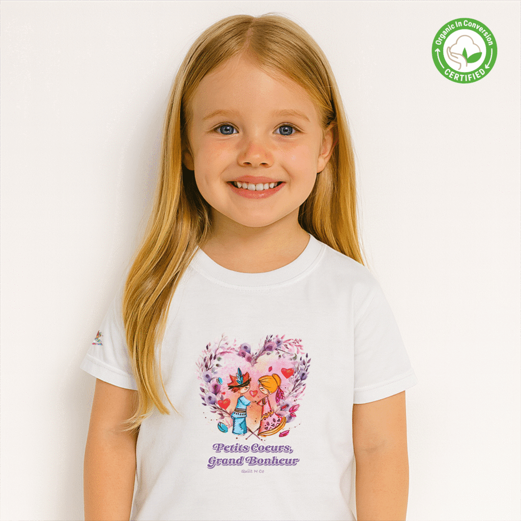 Photo en studio du TShirt Bio pour fille "Petits Cœurs, Grand Bonheur"