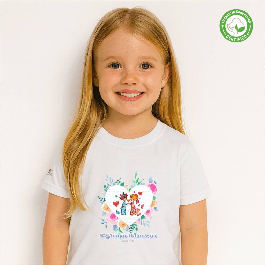 Photo en studio du TShirt Bio pour fille "L'amour Fleurit Ici"